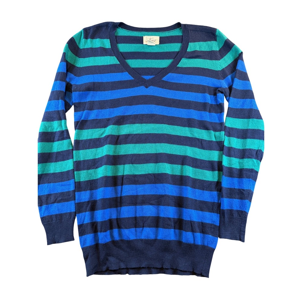 Levis Womens V-Neck Striped Long Sleeve Sweater Blue Teal Size Small